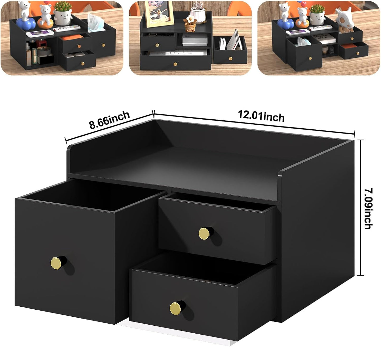 Bamboo Desk Organizer with Drawers Wooden Desktop Storage Organization Box for Bills Office Supplies Kitchen Utensils Organizing Tool for Home Classroom Vanity, No Assembly Required (3 Drawer, Black)