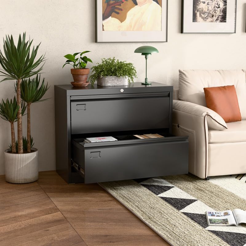 Aobabo 2 Drawer Wide Lateral File Cabinet, Metal Filing Cabinet with Lock, Suitable for Home Office School Hanging Files Letter/Legal/F4/A4 Size,Black,Required-Assembly