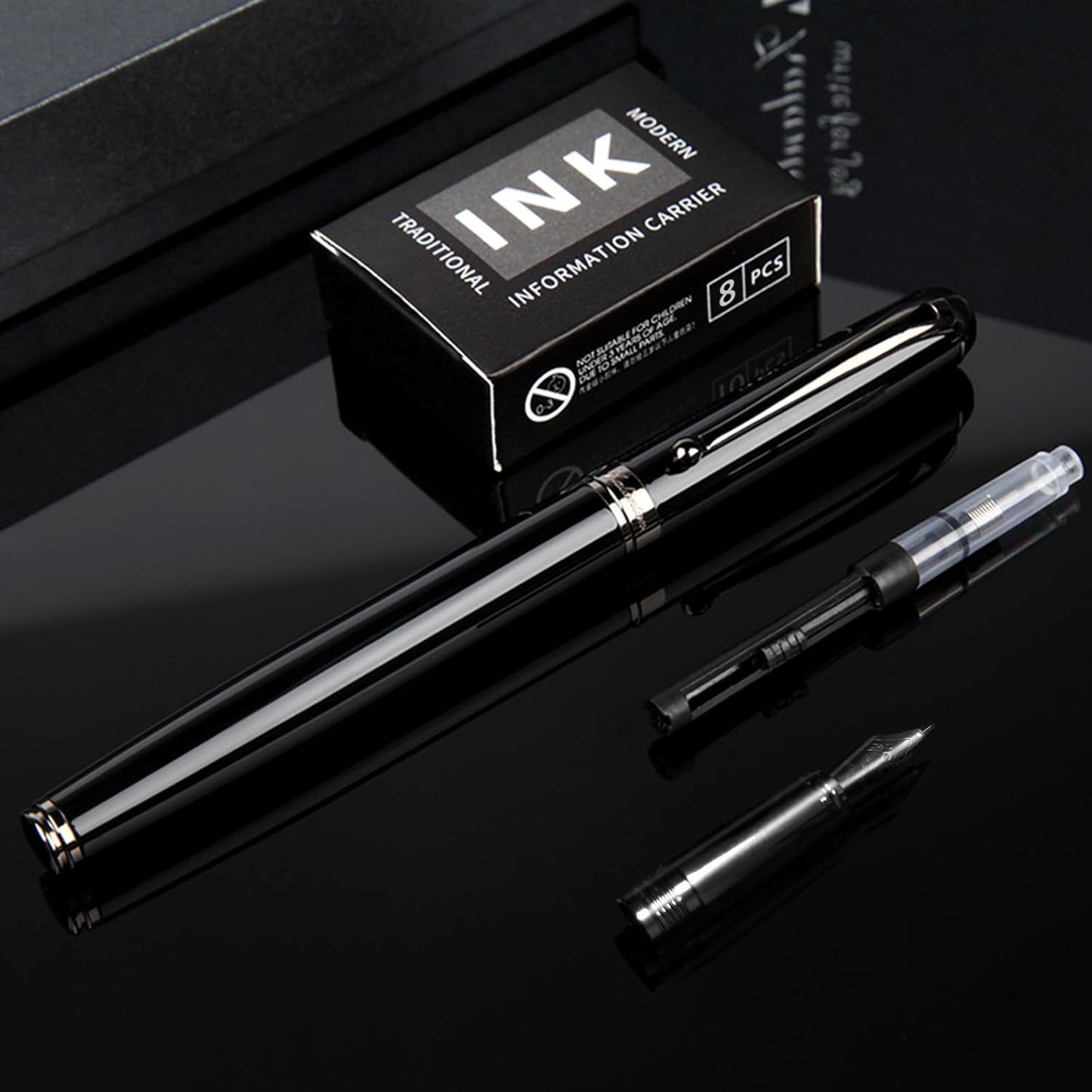 Fountain Pen-Smooth Writing Metal Water Pen with Gift Case Fine Nib Consistent Ink Flow Luxury Pen for Nice Pens Includes a Calligraphy Nib 8 Cartridges a Ink Refill Converter(Grey)