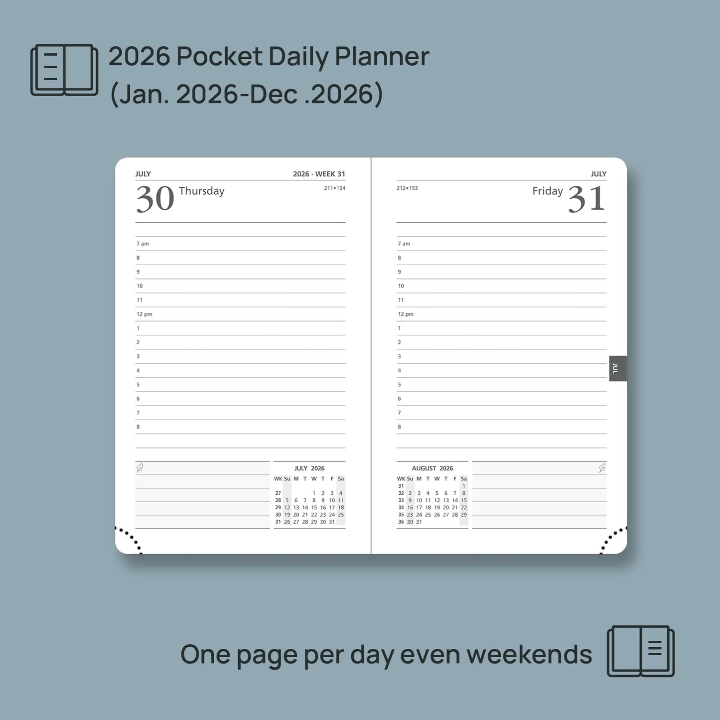 POPRUN Daily Planner 2026 (Jan - Dec), (Purse Size-4.25" x 6.25") 2026 Daily Calendar with One Page Per Day Even Weekends, Hourly Appointment Book with Pocket, PU Leather Softcover - Brown