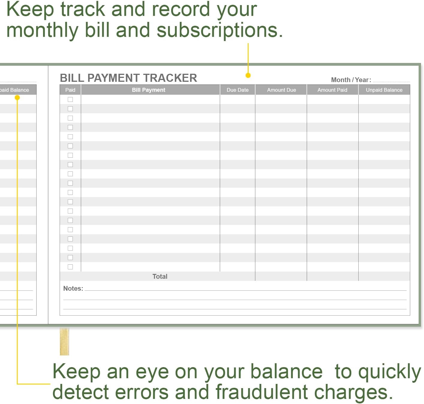 Bill Tracker Notebook - Monthly Bill Organizer & Planner for Personal Budgeting Financial, Payments Checklist Organizer, 7" x 10", Green
