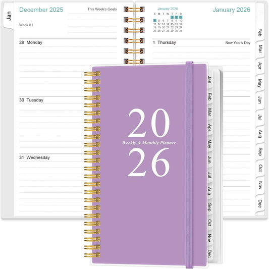 2026 Pocket Planner/Calendar - 2026 Planner from January 2026 - December 2026, Planner 2026 with 12 Tabs, Twin-Wire Binding, Inner Pocket, 3.75" x 6.75", Purple