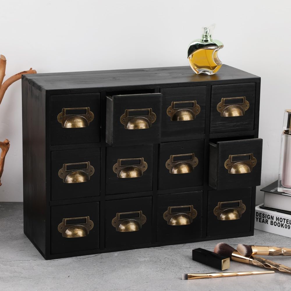 Apothecary Drawers Apothecary Cabinet with Drawers Card Catalog Cabinet Wooden Card Catalog Wooden Storage Box for Desktop Organizer (Black12)