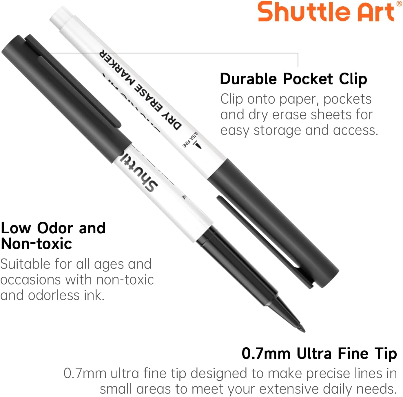 Shuttle Art Ultra Fine Dry Erase Markers, 15 Pack Black Whiteboard Markers with Erase, Dry Erase Markers Perfect For Writing on Whiteboards, Dry-Erase Boards,Mirrors for School Office Home