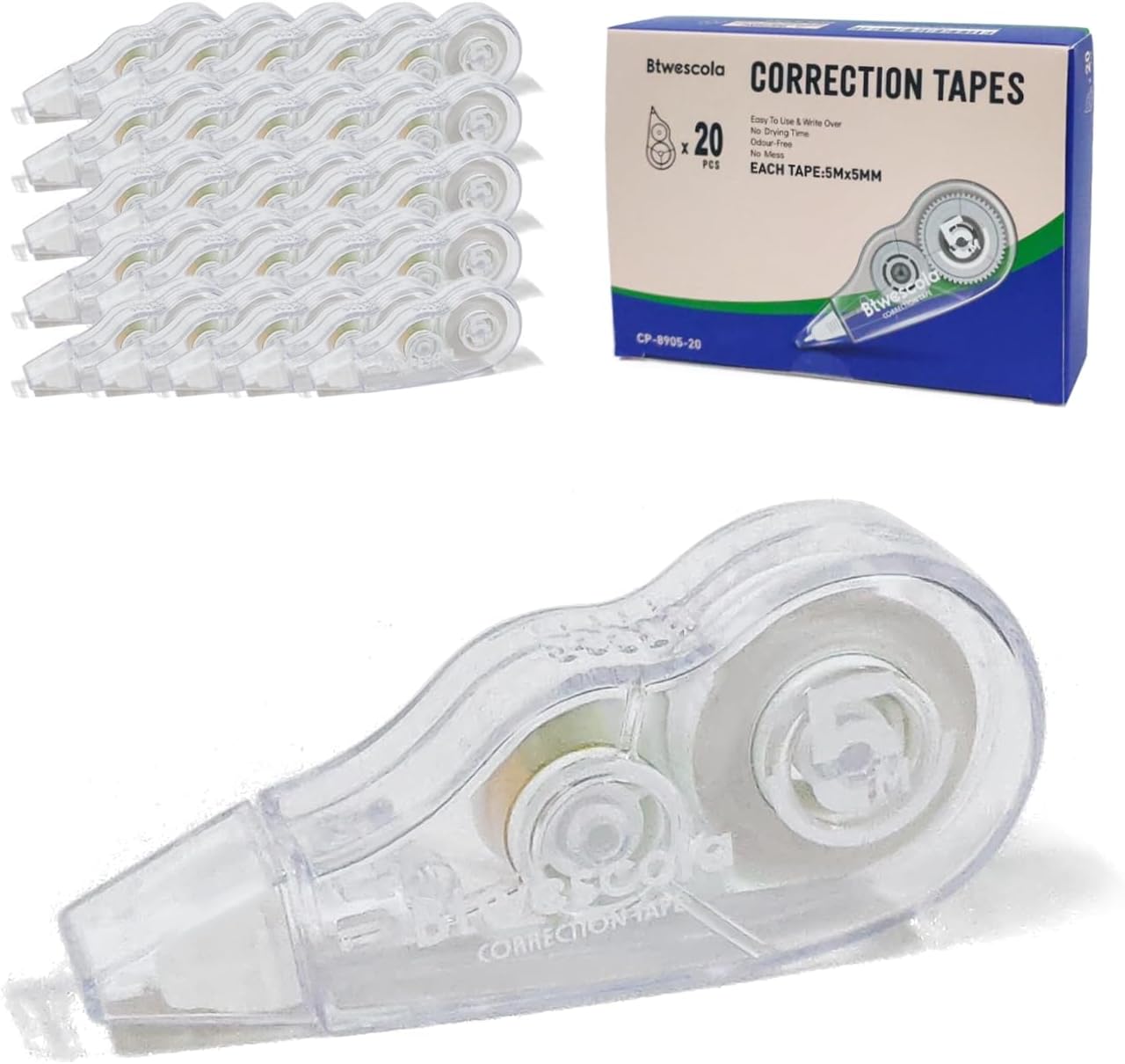 Correction Tape, 16.4FT EZ Tear-resistant Correction Tape, Easy To Use Applicator for Instant Correction Without Drying Time (20pcs/set)