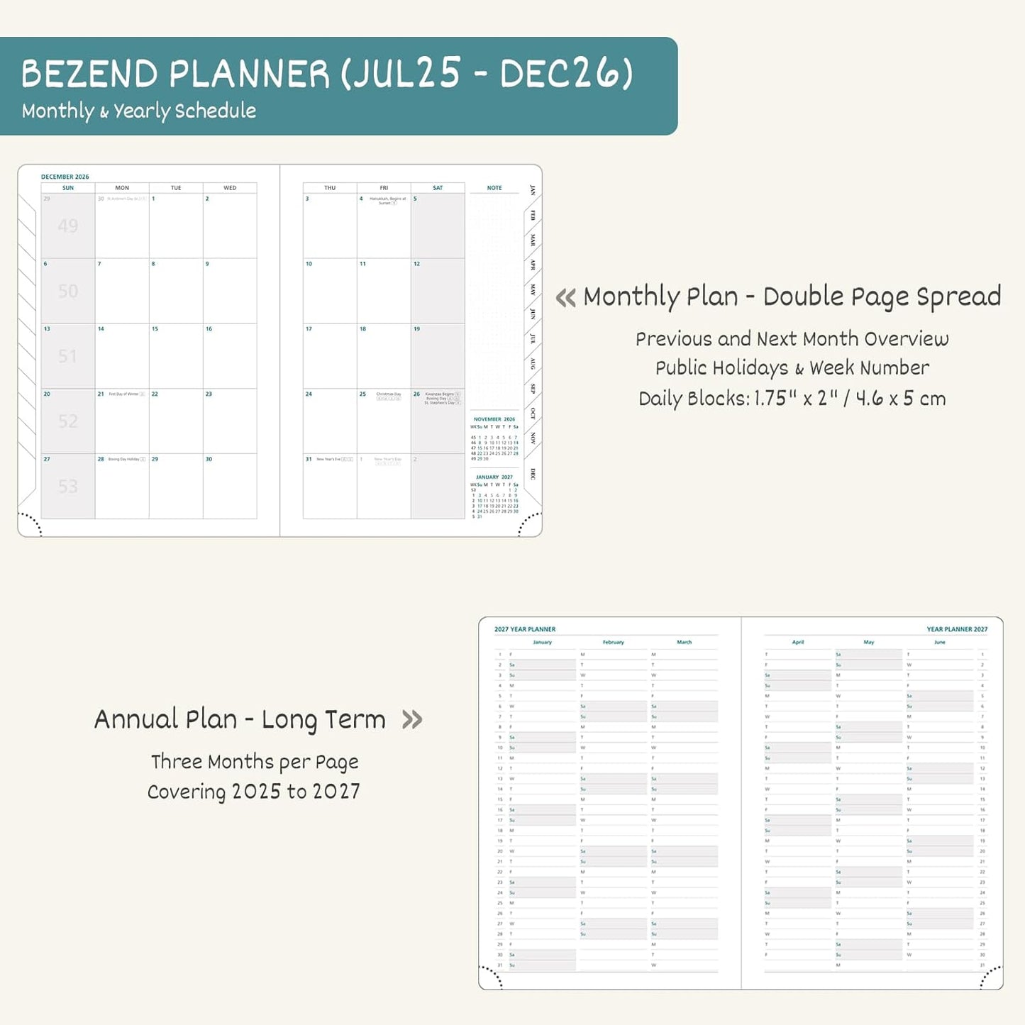 BEZEND Planner 2025-2026 Weekly and Monthly, 8.5" x 11" Academic Calendar (Jul 25-Dec 26) Vertical Daily Appointment with Hourly Timeslot & Monthly Tab, PU Leather Hardcover - Black