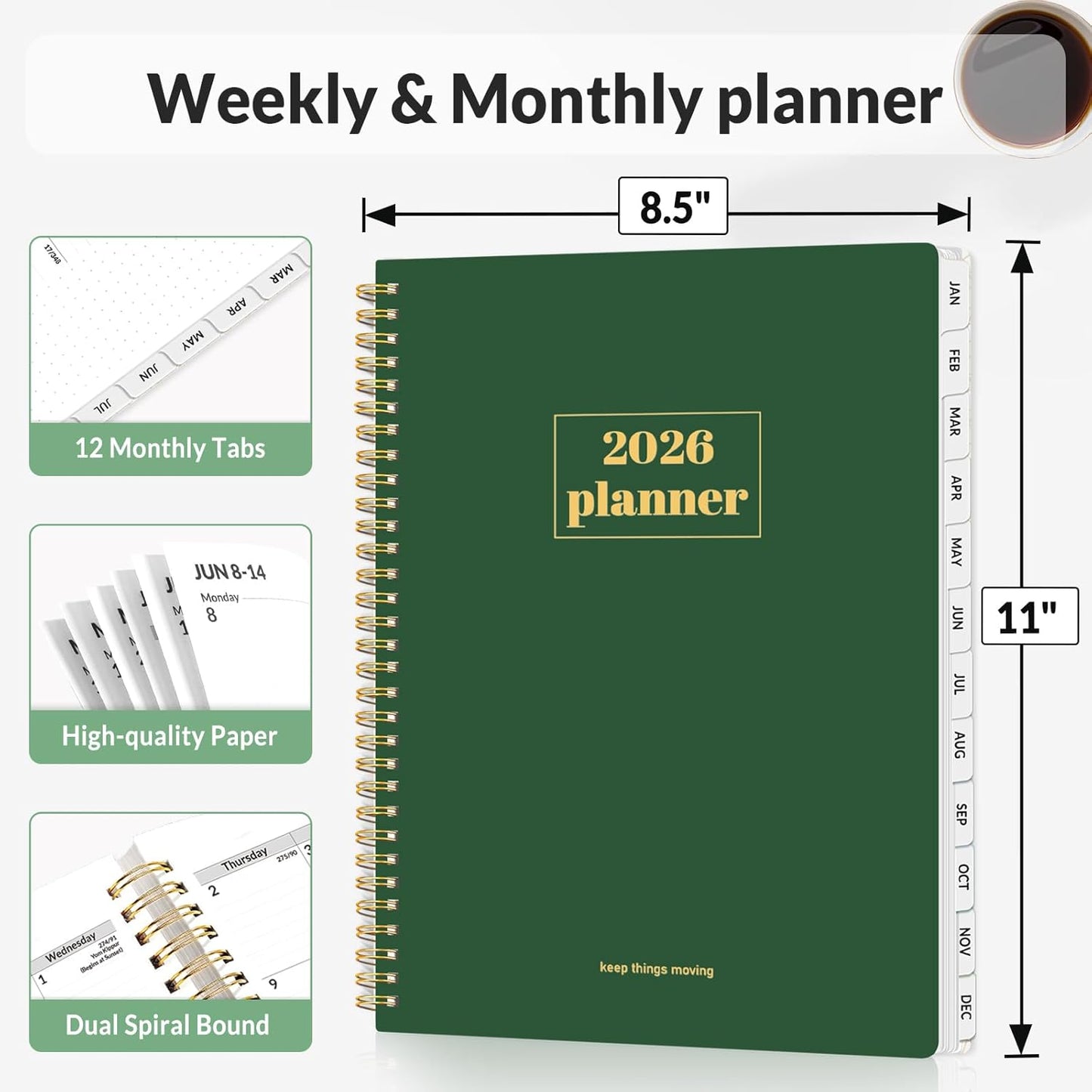 SUNEE Planner 2026 Weekly and Monthly, January 2026-December 2026, 8.5"x11", Tabs, Note Pages,Spiral Binding, Deep Green