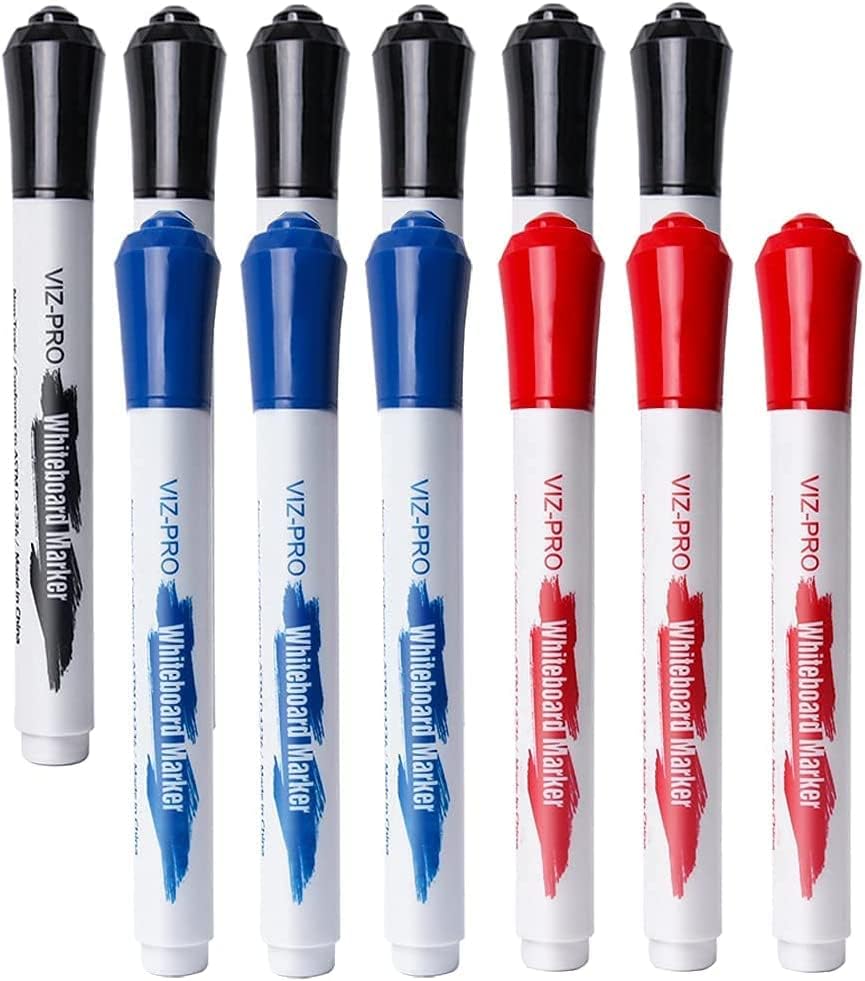 VIZ-PRO Dry Erase Markers Fine Bullet Tip, 3 Assorted Colors, 144 Pcs Low-Odor Whiteboard Pens