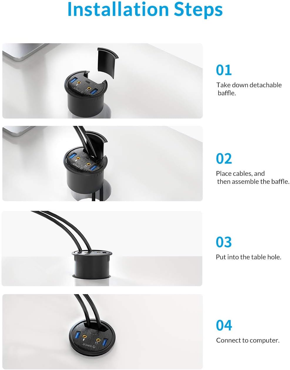 ORICO Desk Grommet USB 3.0 Hub with 2 Type-A 1 Type-C Port, Mic & Audio Jack, 4.9Ft Long Cord for Diameter 60mm Hole, Desktop Cable Organizer, Home Office PC Accessories