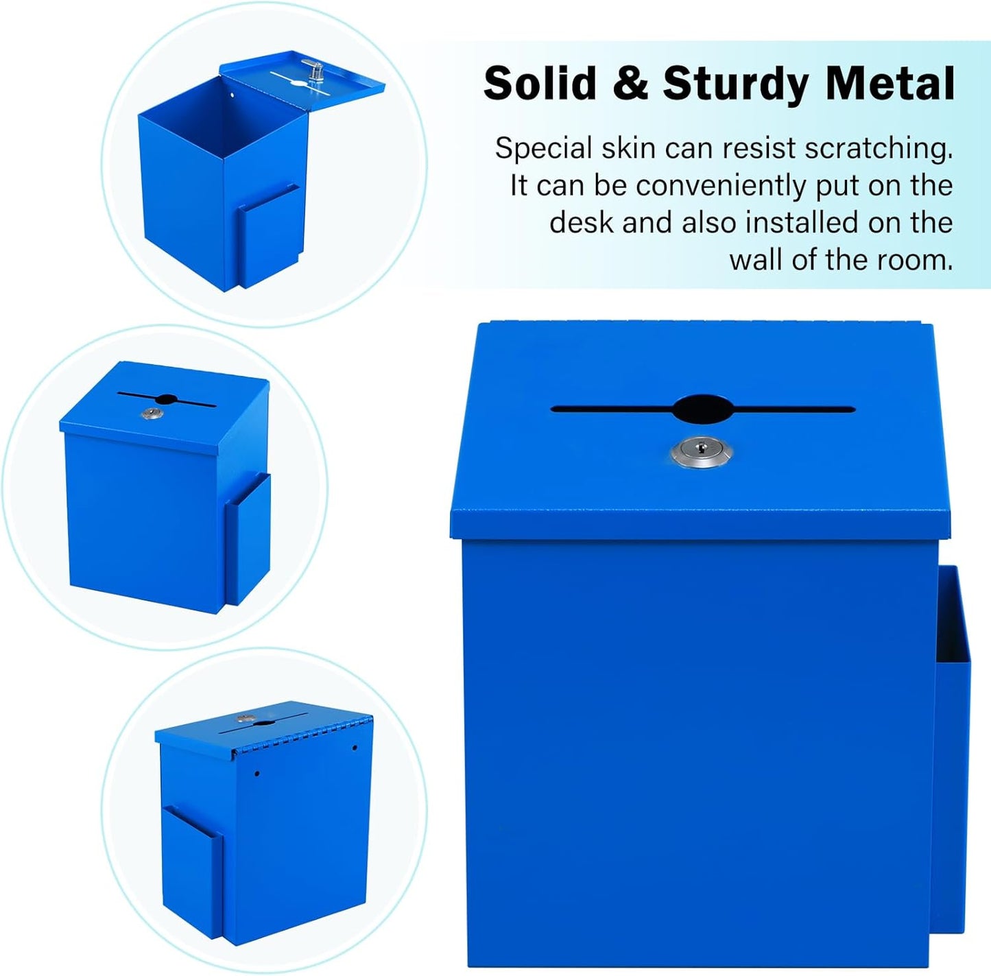 xydled Wall Mounted Ballot & Donation Box with 50 Suggestion Cards, Metal Suggestion Collection Box with Key Lock, Blue, 8.7"x 5.9"x7.1"