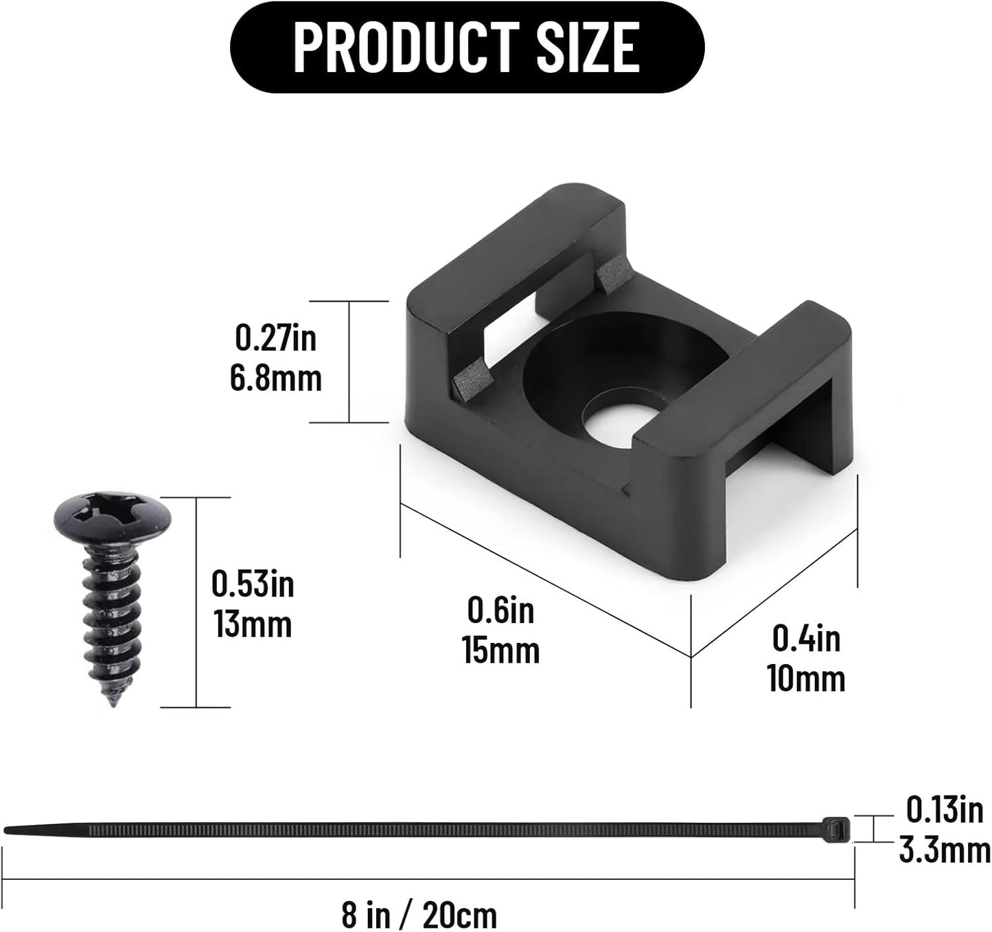 100Pcs Cable Zip Tie Mounts Kit, 0.6in Plastic Zip Ties with Screw Hole, Black Zip Tie Anchors, Sturdy Zip Tie Mounting Squares Base with Tapping Screw for Wire Organizer (Black, 0.6 inch)