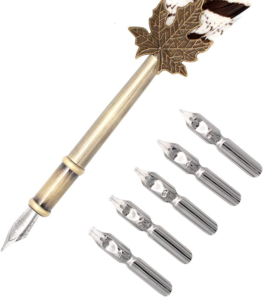 Gullor Quill Handcraft Feather Dip Pen Stem Metal Nib Pen Writing Quill with 5 Extra Nibs, Style B