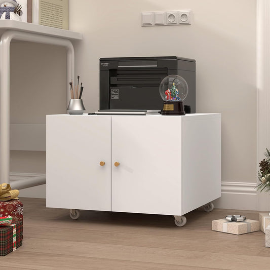 Under Desk Printer Stand with Wheels, Low Printer Stand Storage, Filing Cabinet with Paper Storage Shelf, File Carts with 2 Doors, Mobile Printer Holder for Home Office, School, White