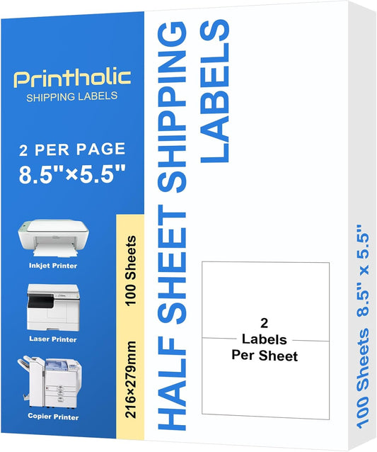 200 Half Sheet Self Adhesive Shipping Labels 8.5" x 5.5" Compatible with for Laser & Inkjet Printers - 100 Sheets, 2 Labels Per Page