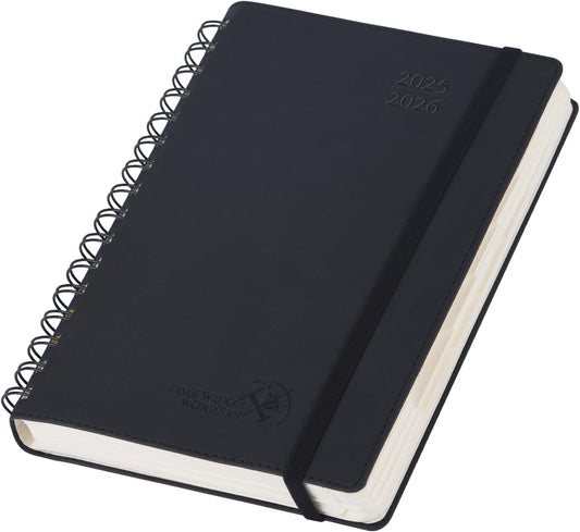 POPRUN Daily Planner 2025-2026 One Page per Day (6'' x 8.5'') with Spiral Bound Leather Soft Cover, Academic Year Appointment Book (Jul.2025 - Jun.2026) with Hourly Slots, Inner Pocket- Black