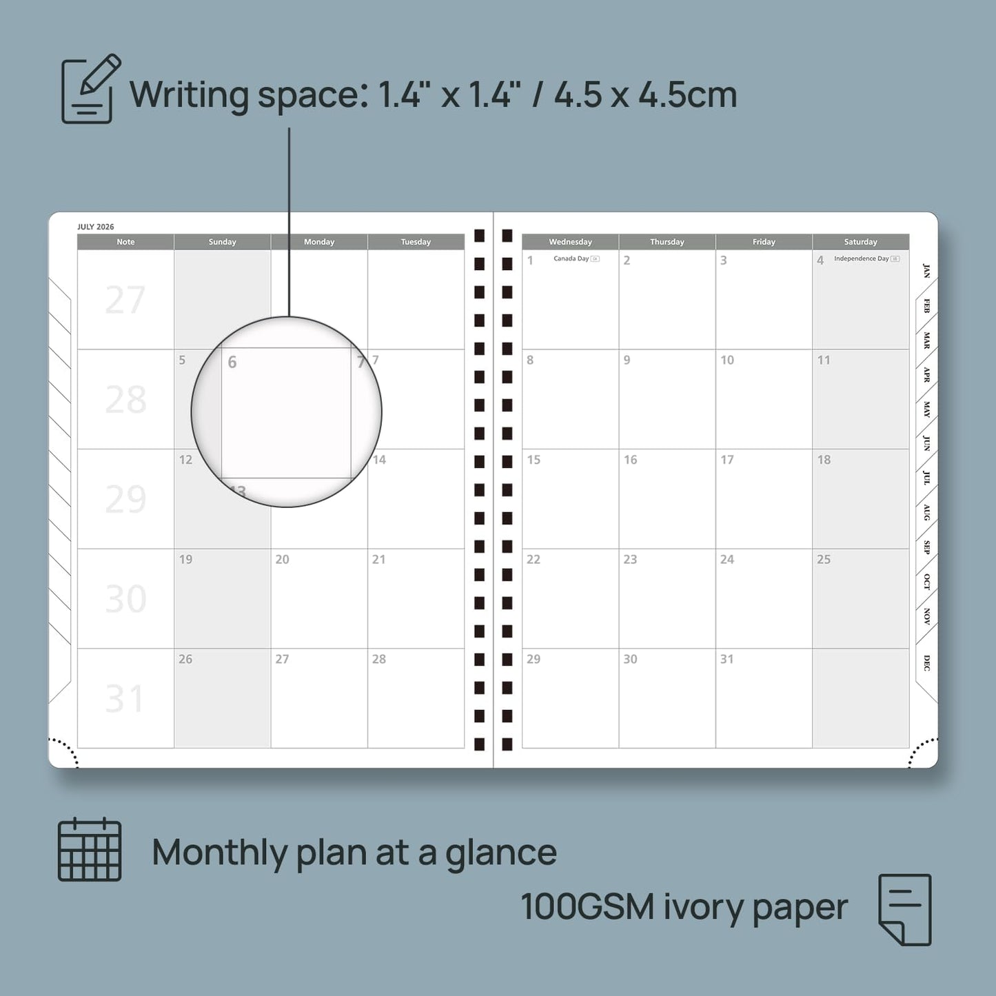 POPRUN 2026 Planner (Large Size 10'' x 8'' Wire-Bound Hard Cover) Daily Weekly and Monthly Calendar - Agenda 2026 (Jan.2026-Dec.2026) with Hourly Schedule, Monthly Tabs - Haze Blue