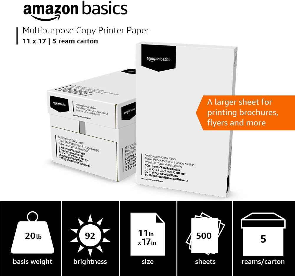 Amazon Basics Multipurpose Copy Printer Paper, 20 lb, 11 x 17 Inches, 5 Reams (2,500 Sheets), 92 Bright, White