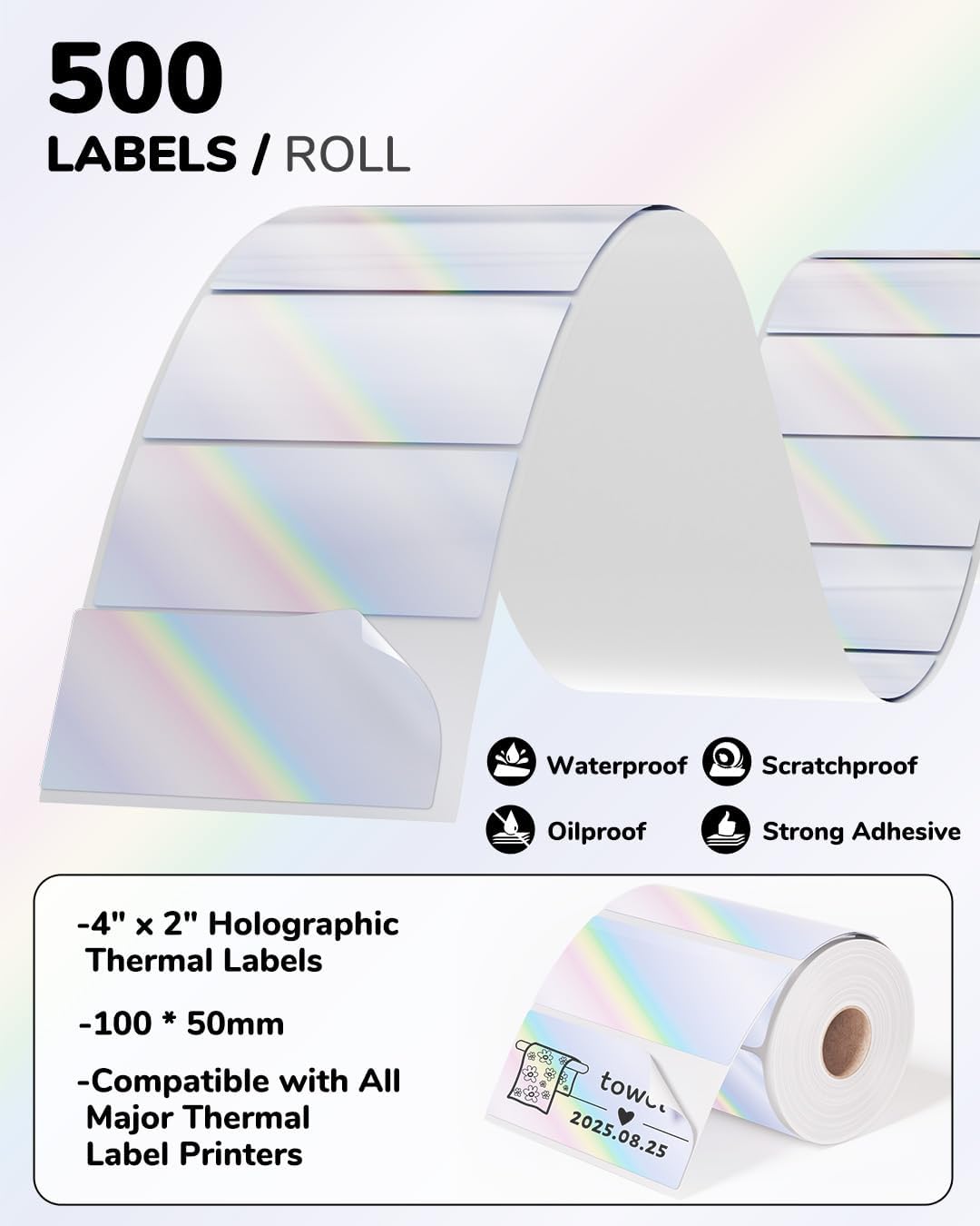 Holographic Square Thermal Labels (4 x 2 inch), Self-Adhesive Direct Thermal Sticker Label, Compatible with All Thermal Shipping Label Printers, for Name, Price Tag, DIY, Logo, 500 Labels/Roll