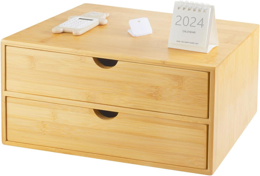 Bamboo Desk Organizer with Drawers, Countertop Organizer with Drawers Makeup Storage Drawer 2 Drawers Tabletop Storage Organization Box Home Office Workspace Bathroom Toiletries Supplies