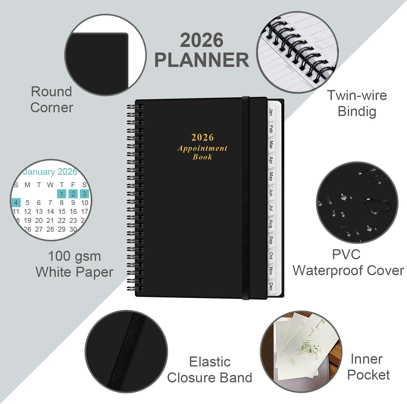 2026 Appointment Book & Planner - 2026 Daily Hourly Planner from January 2026 - December 2026, Weekly Appointment Book with 30-Minute Interval, Medium 6.4" x 8.5", Black-B