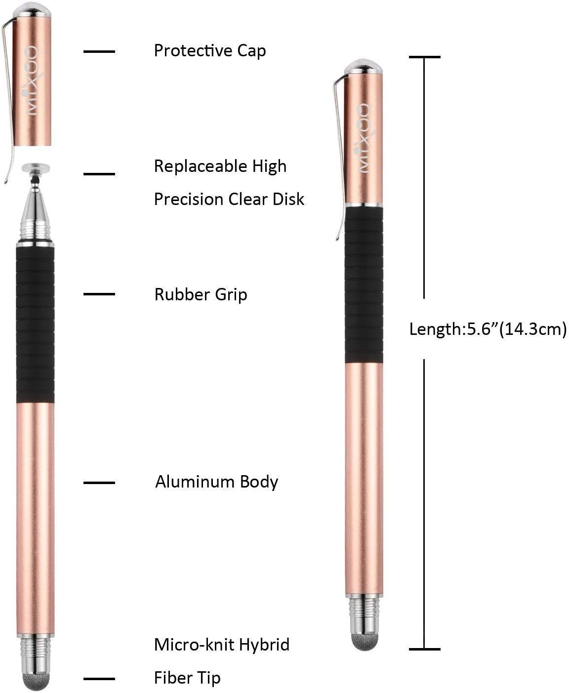 Mixoo Capacitive Stylus Pen, Disc & Fiber Tip 2 in 1 Series, High Sensitivity and Precision, Universal for ipad, iPhone, Tablets and Other Touch Screens, Model: Rose Gold