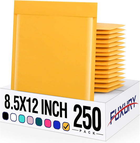 Fuxury Kraft Bubble Mailers 8.5x12 Inch 250 Pack, Strong Adhesion Padded Envelopes Bulk #2,Self Seal Bubble Envelopes, Padded Mailer, Book Mailers Packaging for Small Business,Yellow