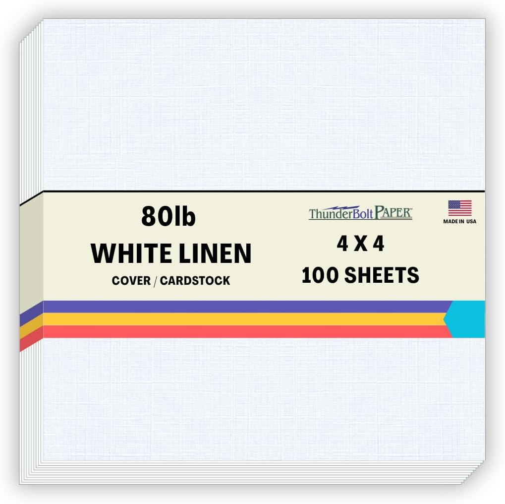 100 Bright White Linen 80# Cover Paper Sheets - 4" X 4" (4X4 Inches) Small Square Card Size - 80 lb/pound Card Weight - Fine Linen Textured Finish - Quality Cardstock