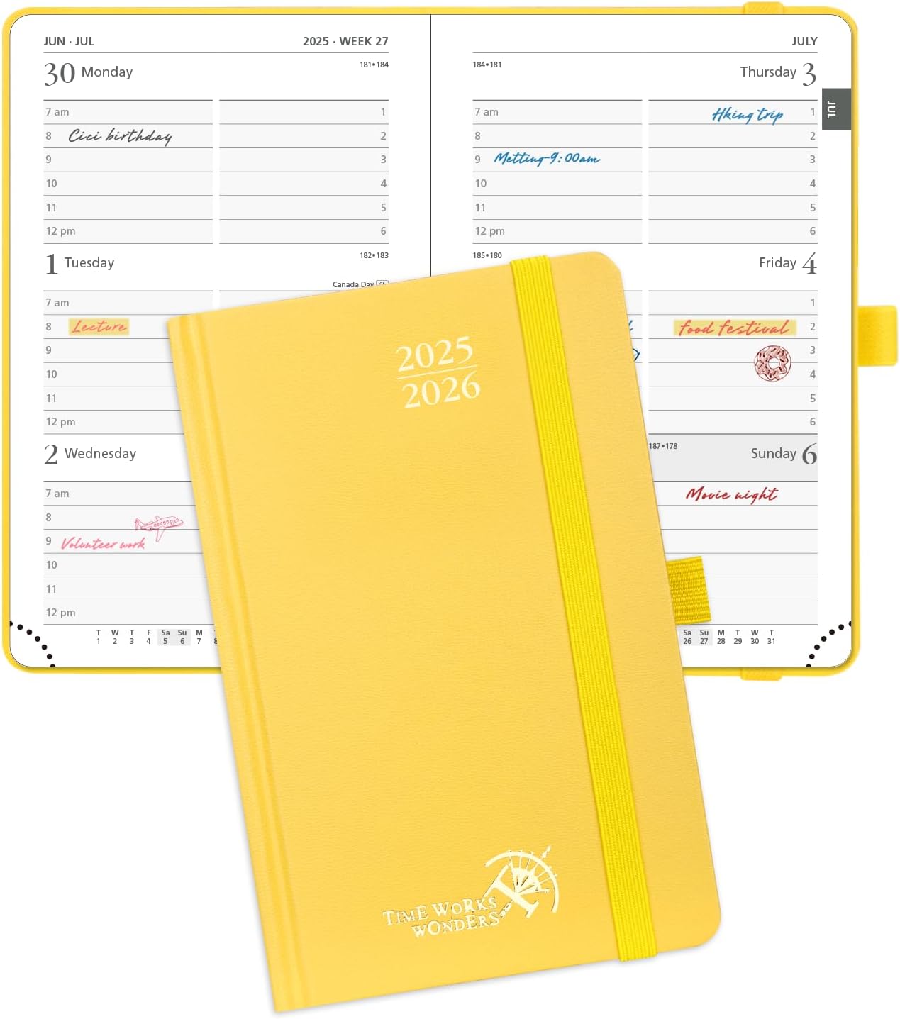 POPRUN Pocket Planner 2025-2026, (Purse Size 4''x 6.25'' Hard Cover) Academic Year Calendar Daily Weekly and Monthly (July 25-June 26) with Hourly Time Slots, 100 GSM Paper - Light Yellow