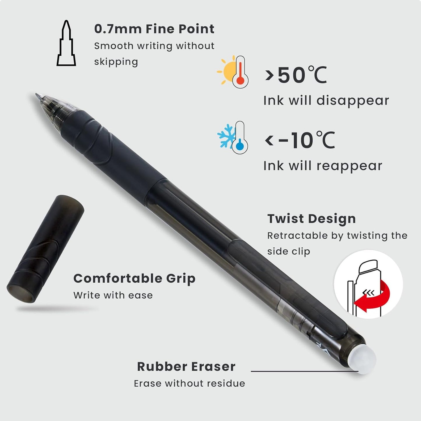 ParKoo Retractable Erasable Gel Pens 0.7mm, 6 Black/6 Blue Twist Pens Fine Point, Make Mistakes Disappear, Smooth Writing with Comfortable Grip for Journaling Drawing Note Taking