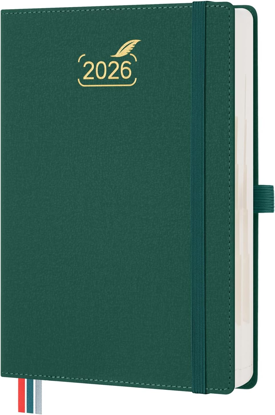 BEZEND Daily Planner 2026 (6" x 8.5") Full Page per Day Even Weekend (Jan-Dec) Monthly Calendar with Tabs, 2 Columns for Dual Schedule with Note, Vegan Leather Hardcover in Evergreen