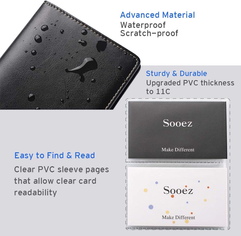 Sooez Leather Professional Business Card Book Holder Organizer, 240 Capacity Credit Card Booklet, PU Name Cards Holder Storage File for Men Women, 7.7 x 4.5 Inch, Black
