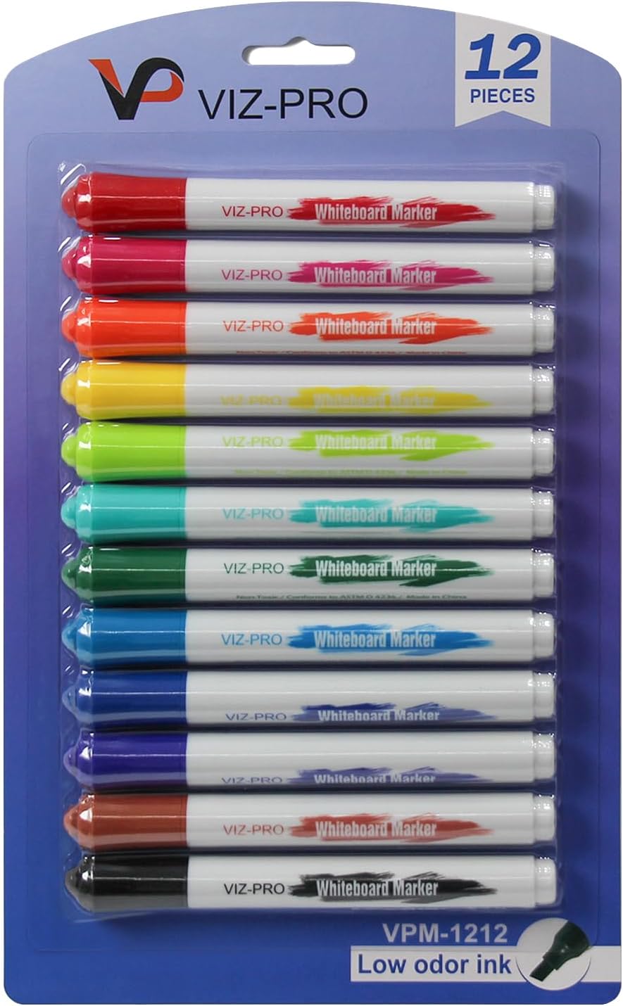 VIZ-PRO Dry Erase Markers, Chisel Tip, Assorted Colors, 12-Count Low-Odor Whiteboard Pens