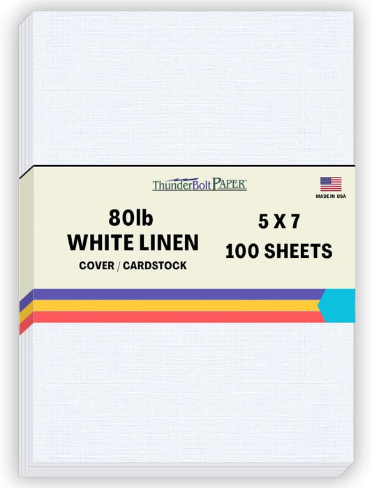 100 Bright White Linen 80# Cover Paper Sheets - 5" X 7" (5X7 Inches) Photo|Card|Frame Size - 80 lb/pound Card Weight - Fine Linen Textured Finish - Quality Cardstock