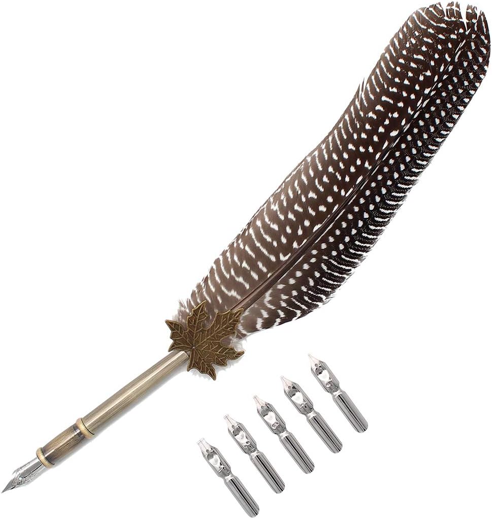 Gullor Quill Handcraft Feather Dip Pen Stem Metal Nib Pen Writing Quill with 5 Extra Nibs, Style C