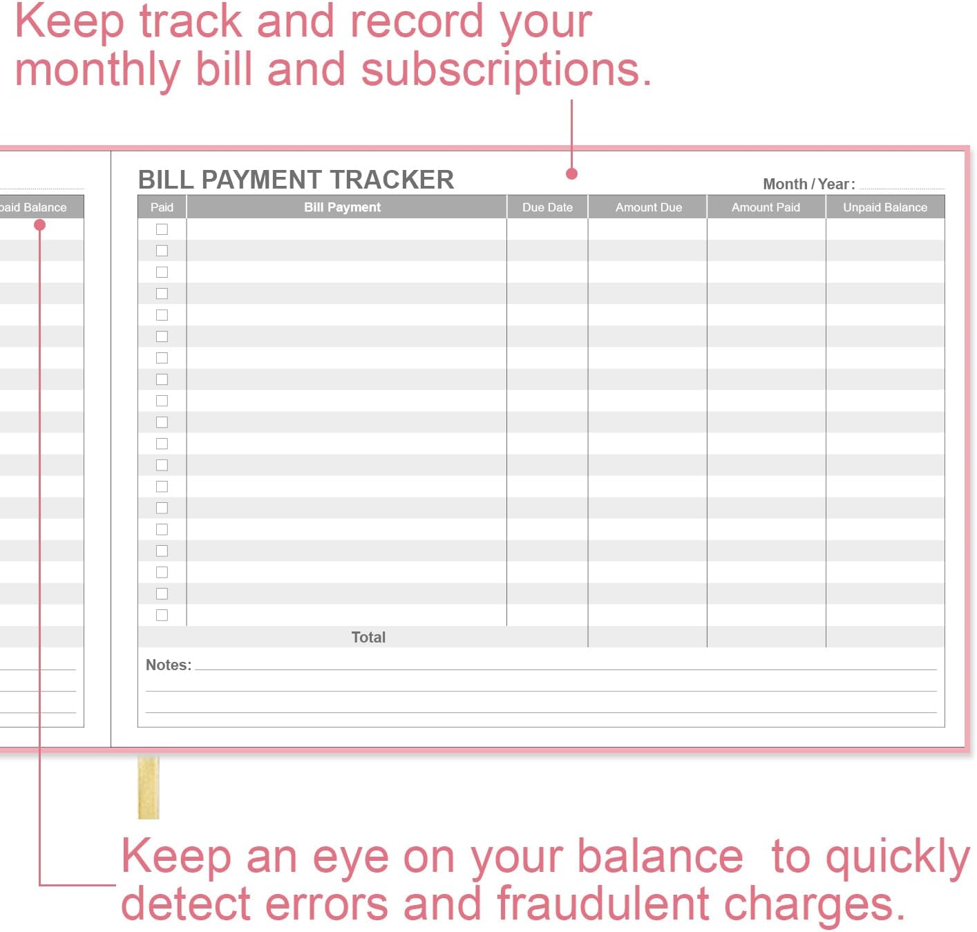 Bill Tracker Notebook - Monthly Bill Organizer & Planner for Personal Budgeting Financial, Payments Checklist Organizer, 7" x 10", Pink