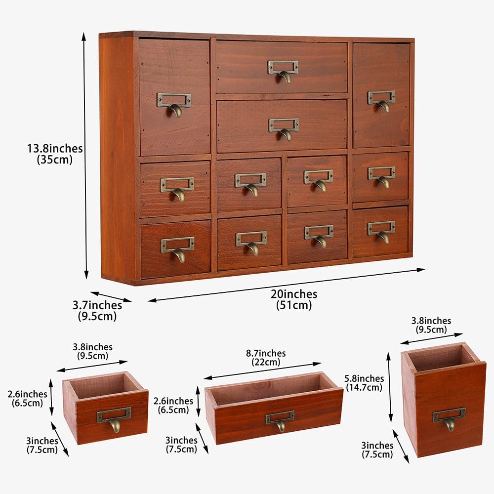 12 Drawers Apothecary Cabinet with Drawers Tabletop Apothecary Drawers Library Card Catalog Cabinet Medicine Cabinets Wood Desk Organizer Wooden Storage Box (Brown)