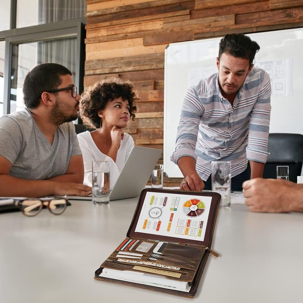 Ringsun Genuine Leather Portfolio with Zipper, Business Organizer for A4/Pad/Phone, Brown, RS63