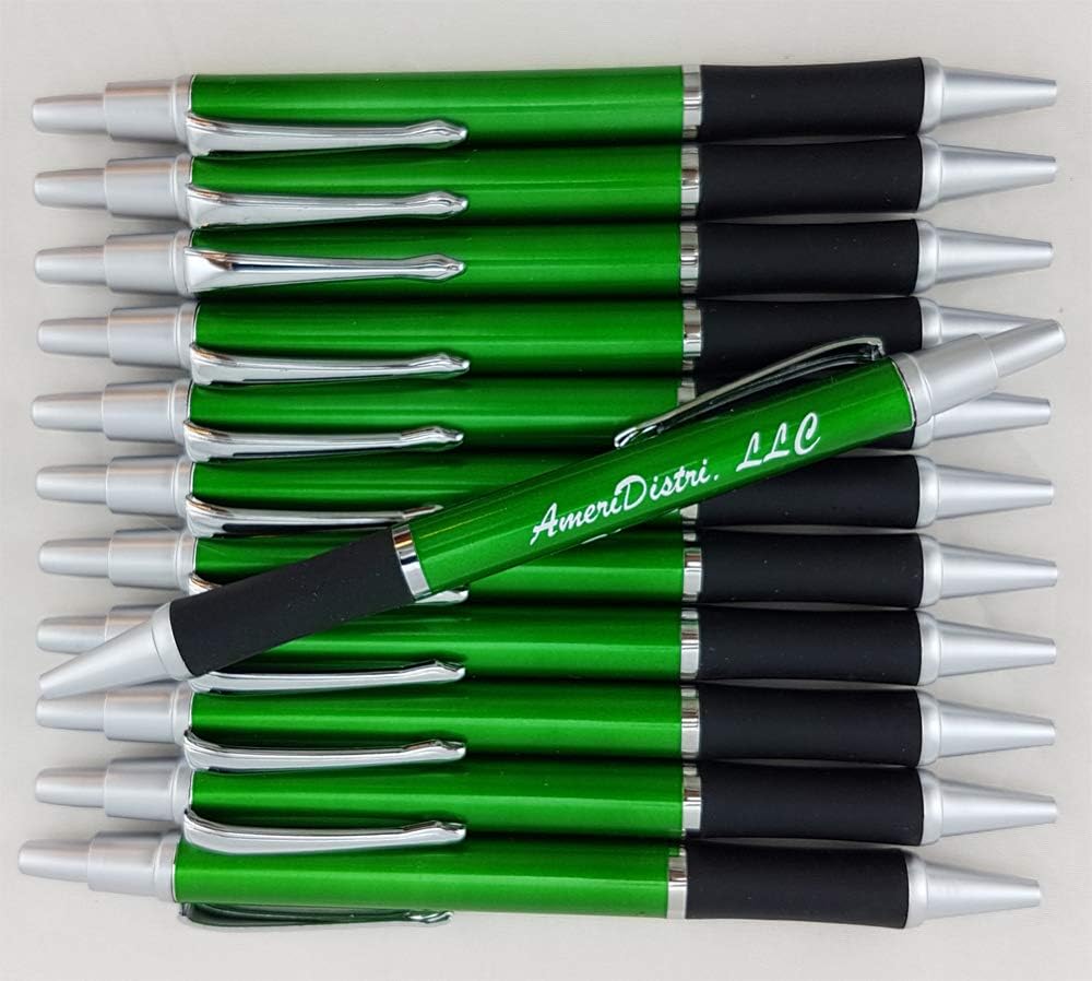 ezpencils - Personalized - Elegant Tip and Click Silver Accents on Green Solid Color Body and Black Grip - Bullet Ballpoint Pens - 12 pkg - ** FREE PERZONALIZATION **