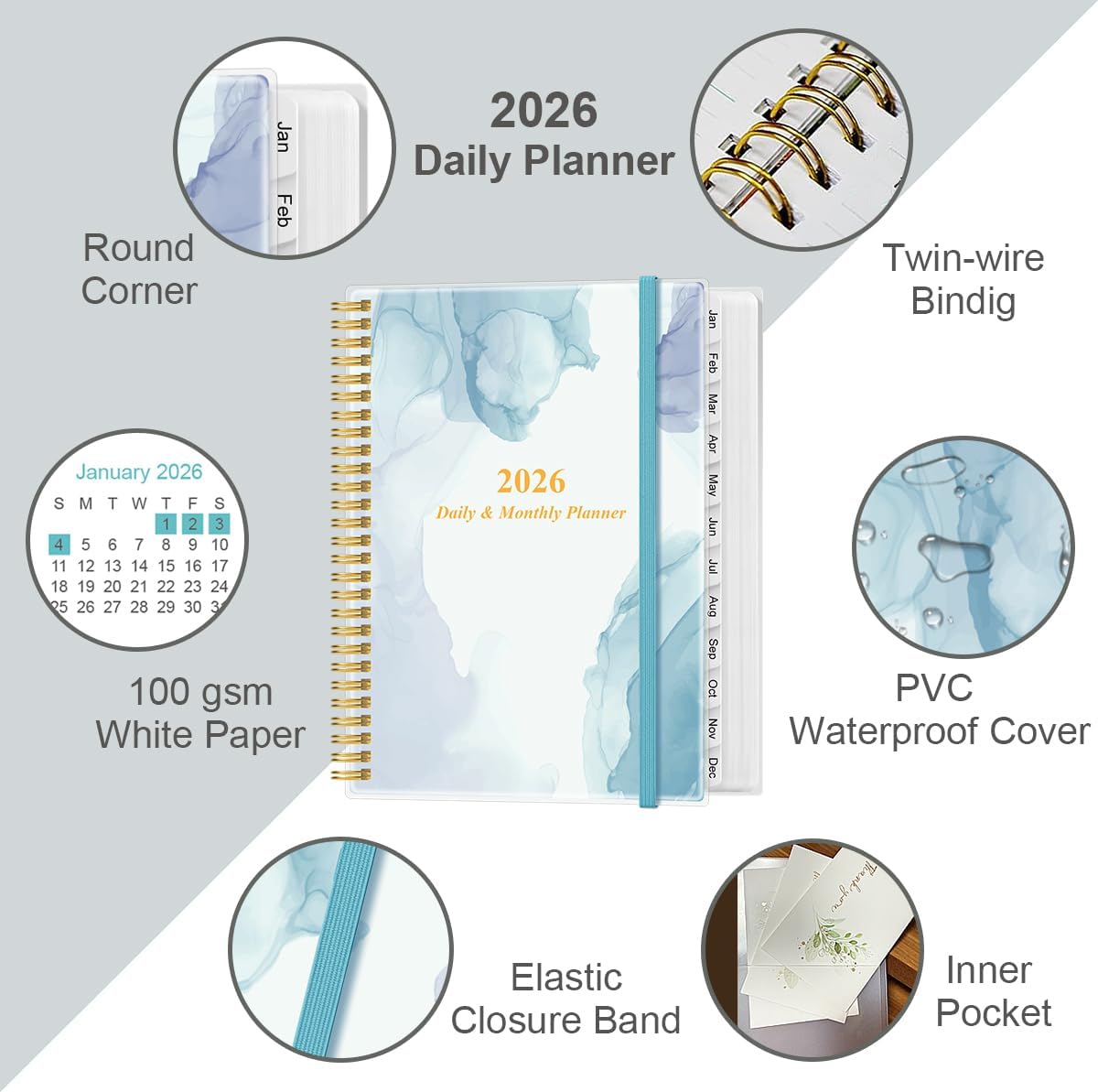2026 Daily & Monthly Planner - One Page Per Day, Daily Planner from January 2026 - December 2026, Planner 2026 with 12 Monthly Tabs, 8.5" x 11", Blue Watercolor