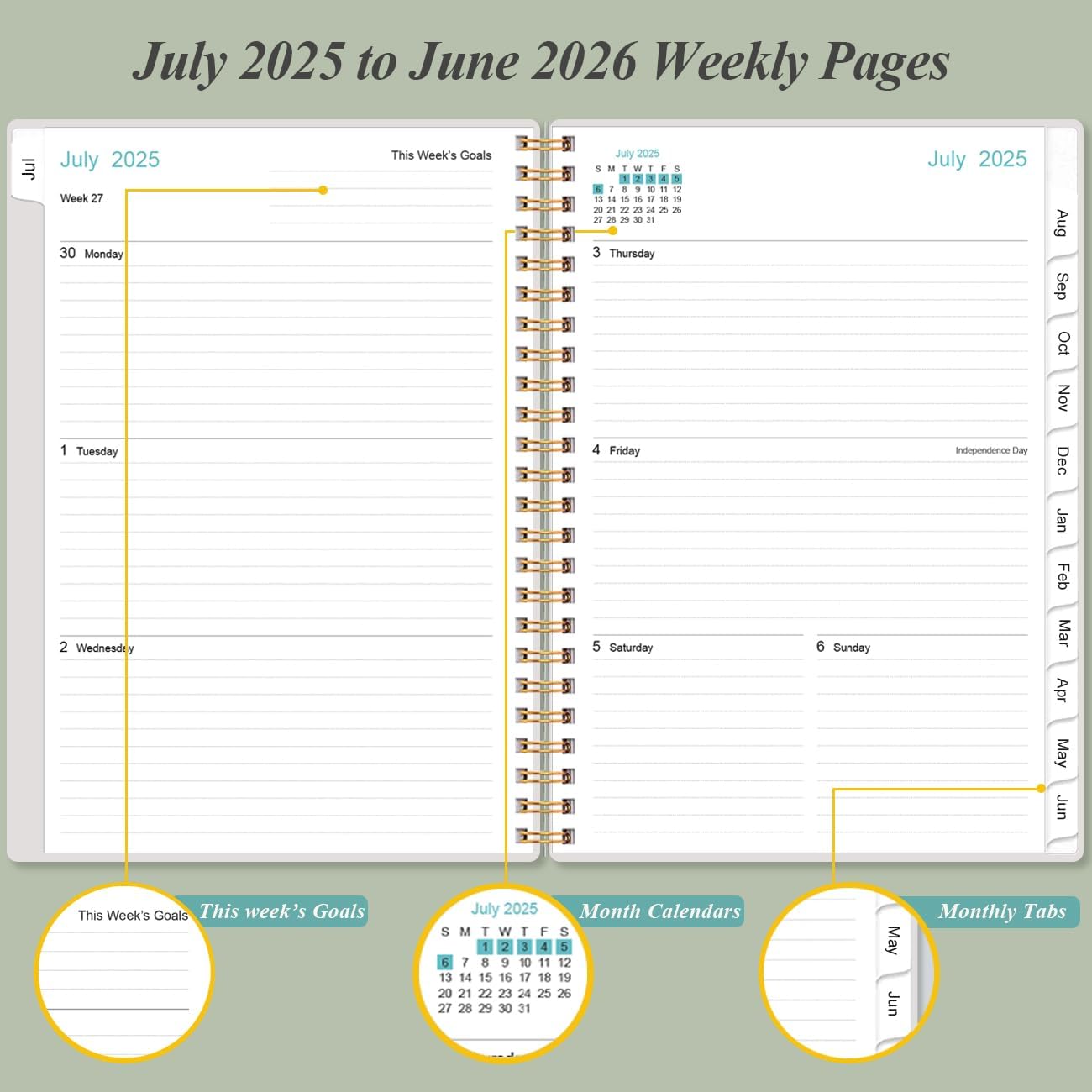 2025-2026 Planner - Academic Planner 2025-2026 from July 2025 - June 2026, Weekly & Monthly Planners Spiral Bound with 12 Monthly Tabs, Inner Pocket, 6.4" x 8.5", Green