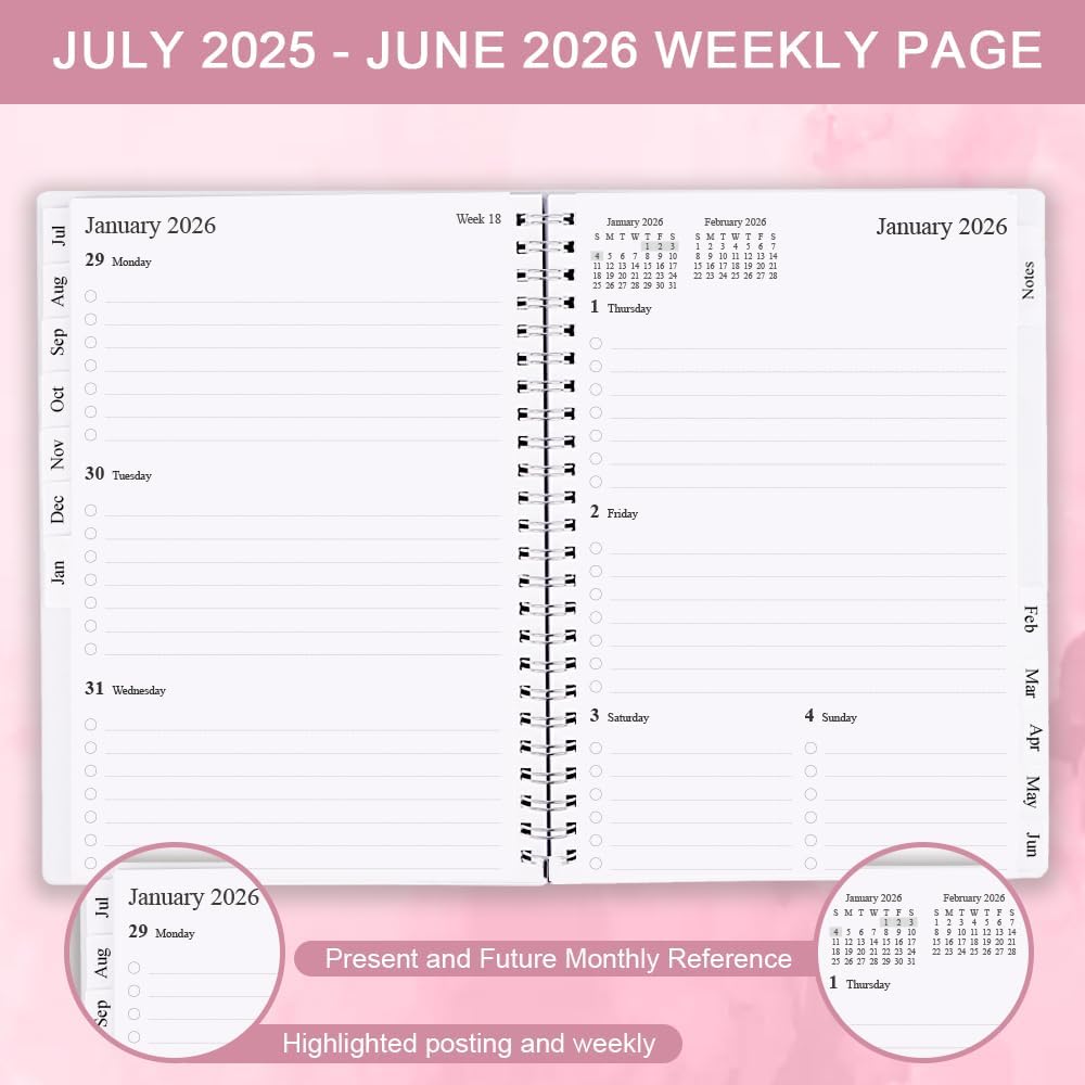 2025-2026 Planner - Monthly Planner Runs July 2025 to June 2026, 6.25" x 8.25", 12 Monthly Tabs, 14 Notes Page, Inner Pocket, Flexible Cover with Twin-Wire Binding, Planners 2025-2026, Pink