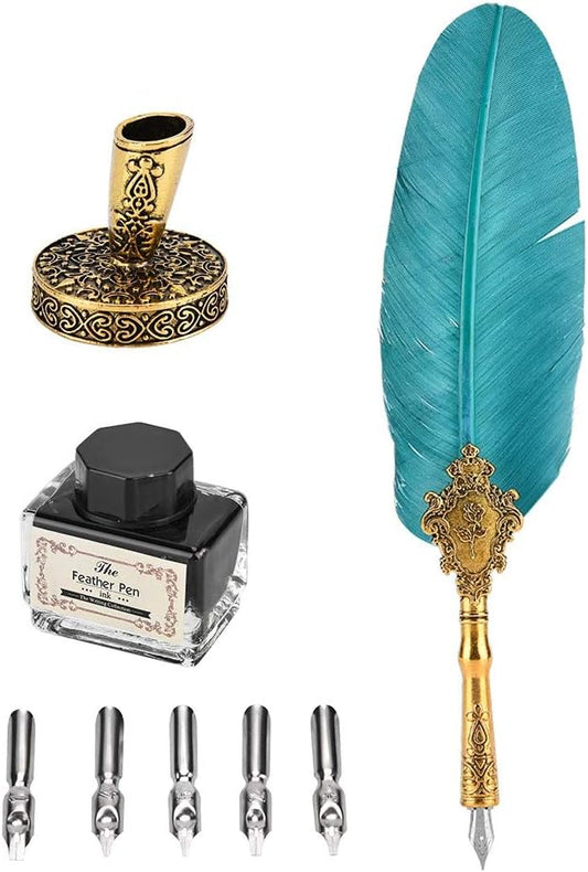 Retro Classical Dip Writing Pen,European Fountain Pen,5 Replacement Luxury Dip Pen Nips,Pen Stand Base,Writing Pen Ink Bottle Set Gift Box for