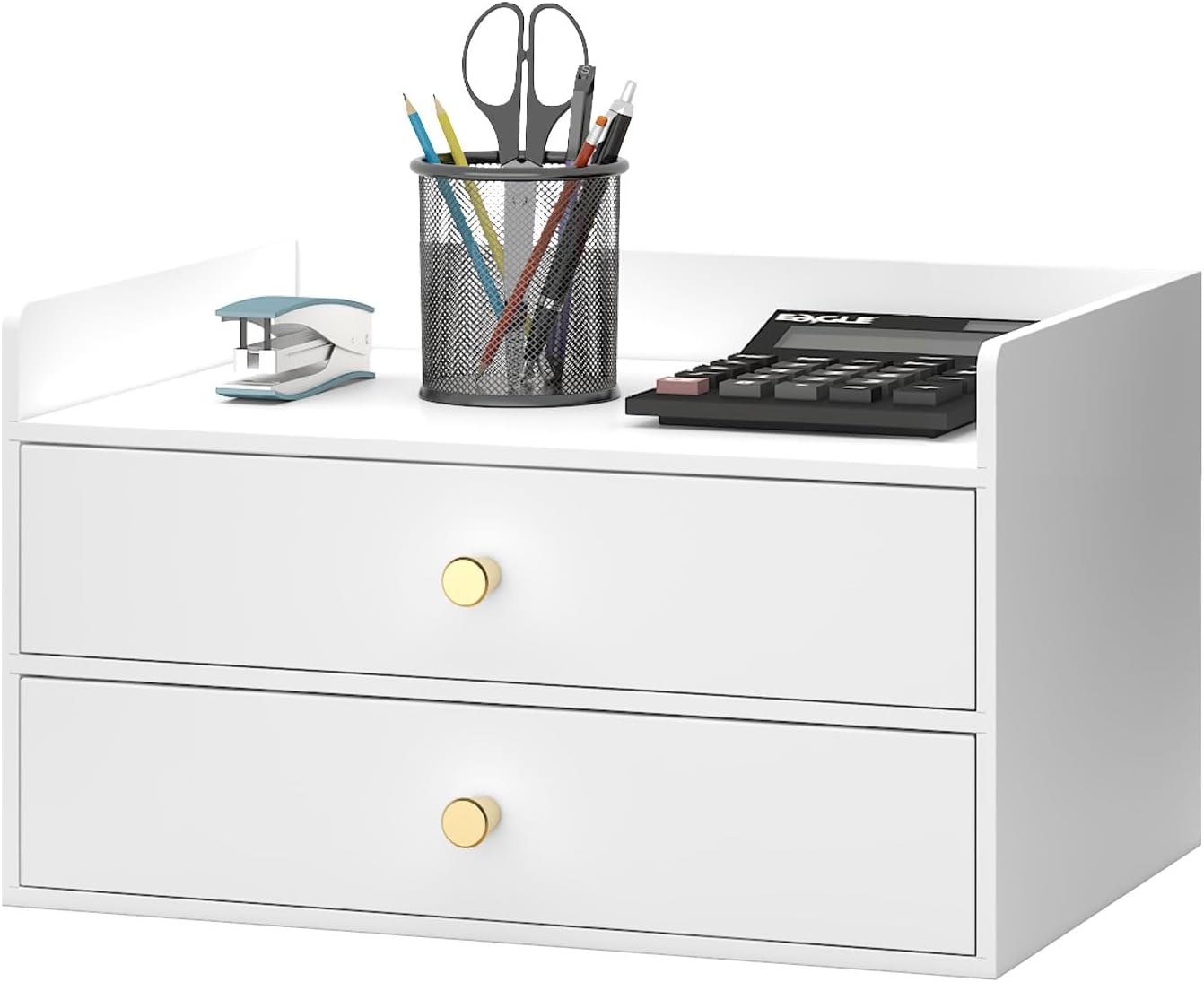 Bamboo Desk Organizer with Drawers Wooden Desktop Storage Organization Box for Bills Office Supplies Kitchen Utensils Organizing Tool for Home Classroom Vanity, No Assembly Required (2 Drawers, White)