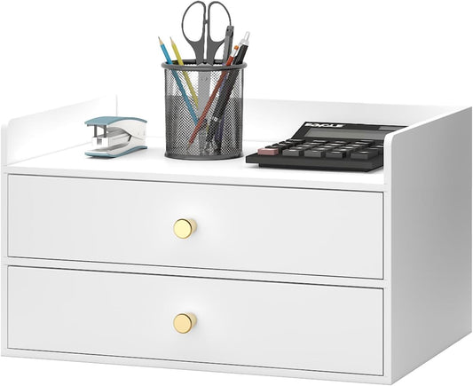 Bamboo Desk Organizer with Drawers Wooden Desktop Storage Organization Box for Bills Office Supplies Kitchen Utensils Organizing Tool for Home Classroom Vanity, No Assembly Required (2 Drawers, White)