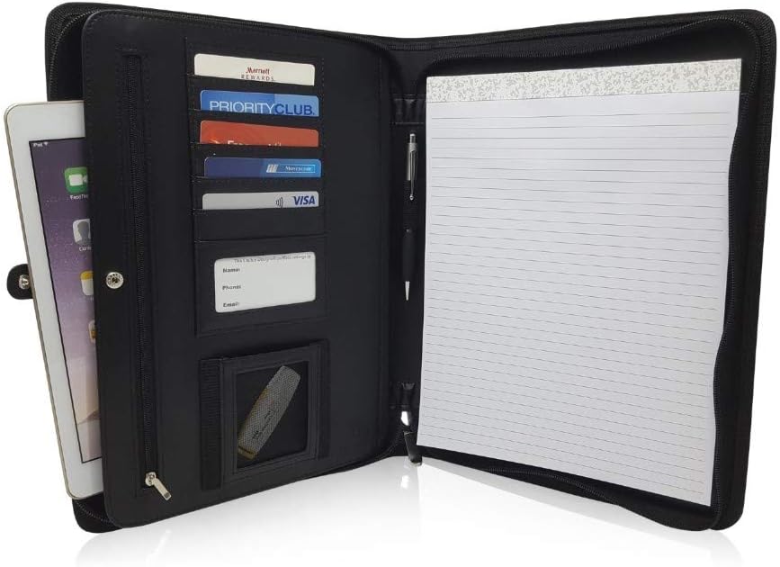 Matt Black Zippered Portfolio Binder - PU Leather Business Portfolio Organizer - Padfolio for Men & Women with US Letter Notepad, 10.5 Inch Tablet Pocket & Gift Box by Lautus Designs