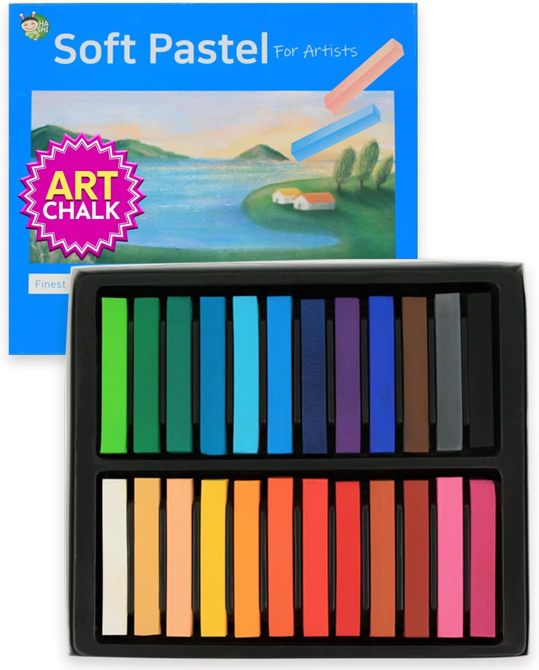 HA SHI Soft Chalk Pastels, 24 Assorted Colors Non Toxic Art Supplies, Square Charcoal, Drawing Media for Artist Stick Pastel for Professional, Kids, Beauty Nail Art, Pan Chalk Pastels