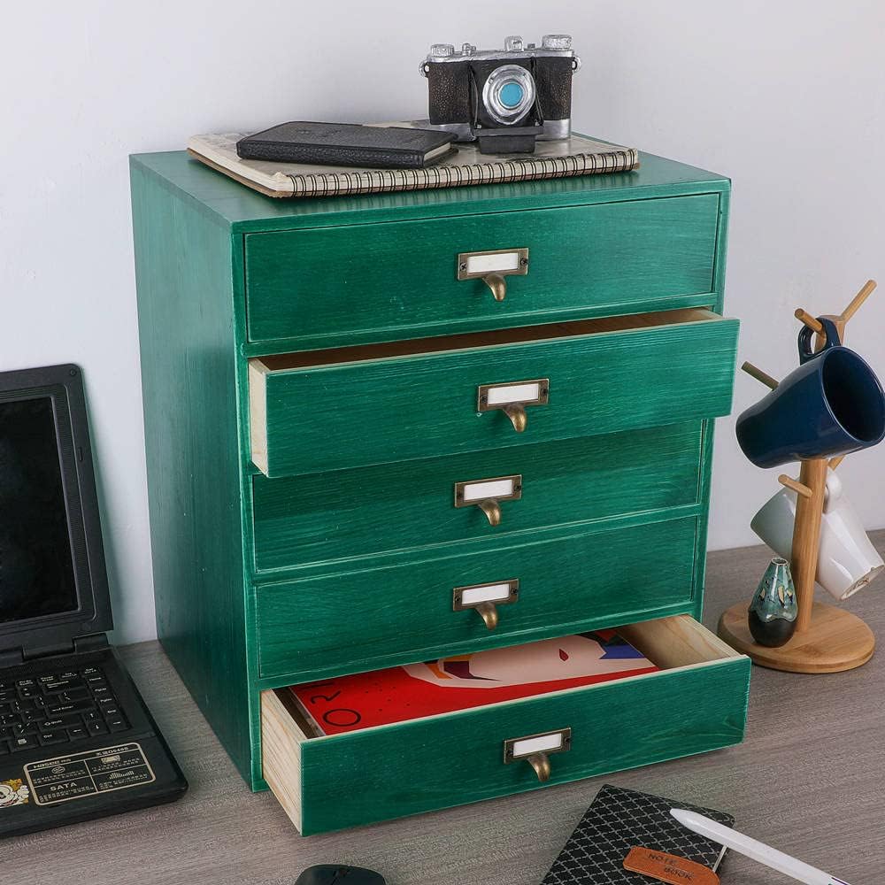 Desktop Drawer Organizer - Large Wooden Drawers Vintage Box with Drawers Paper Storage File Folder Organizer Library Card Catalog Cabinet (L-GREEN)
