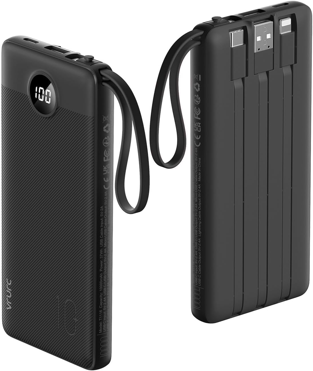 VRURC Portable Charger with Built in Cables, Slim Power Bank 10000mAh, USB C Battery Pack Travel Essential, 5 Outputs 2 Inputs Phone Charging Bank for iPhone 16 15 14 13,Samsung,Android-Black(1 Pack)
