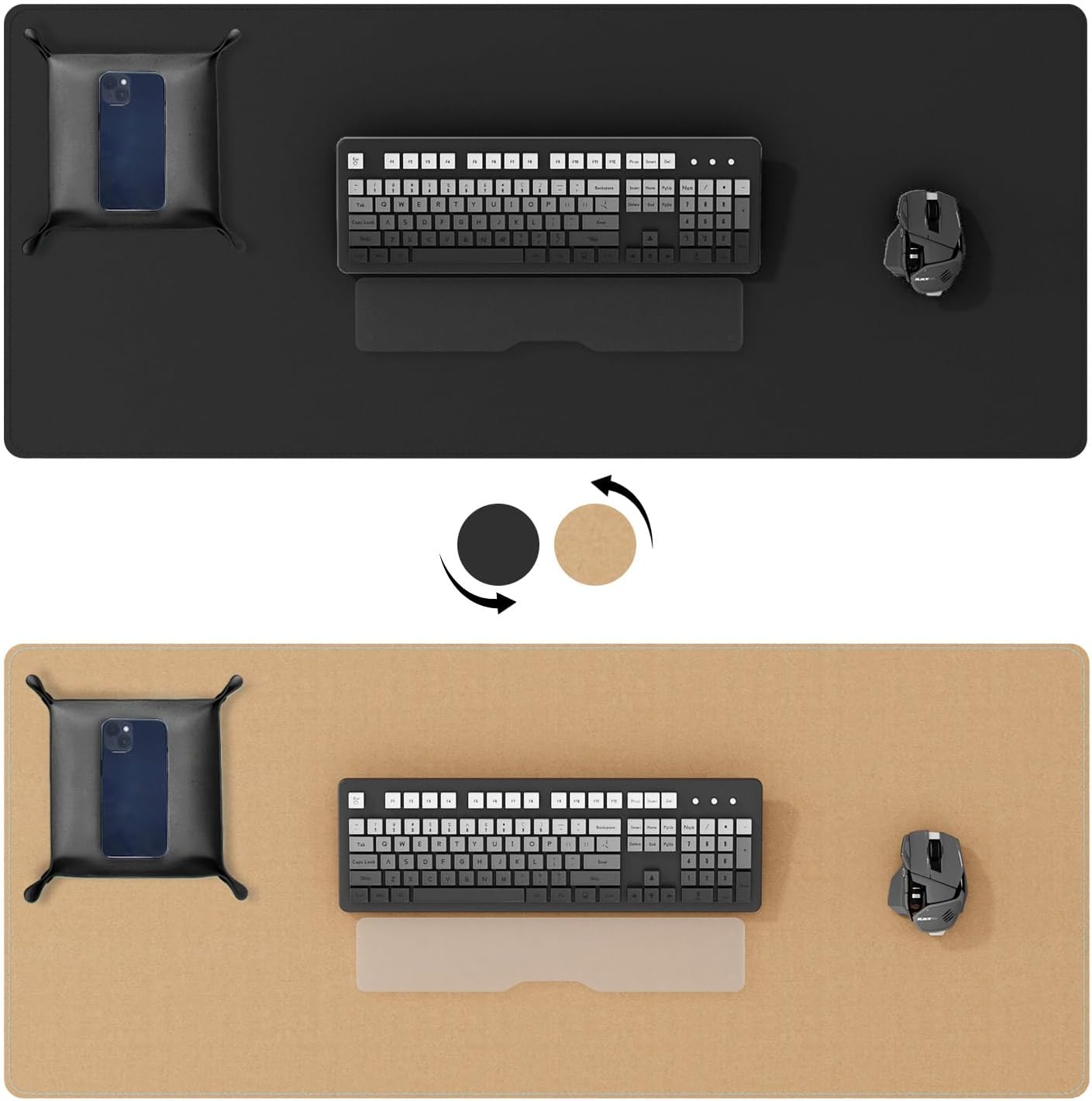 DAWNTREES Dual Sided Desk Mat,Black Leather Desk Pad,47.2''x23.6'',Cork Desk Mat Protector,120x60cm Extra Large Mouse Pad,with PU Leather Valet Tray Organizer,Desk Writing Pad for Office and Home