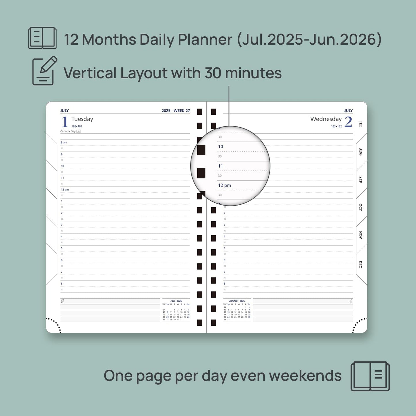 POPRUN Daily Planner 2025-2026 One Page per Day (6'' x 8.5'') with Spiral Bound Leather Soft Cover, Academic Year Appointment Book (Jul.2025 - Jun.2026) with Hourly Slots, Inner Pocket- Cornflower